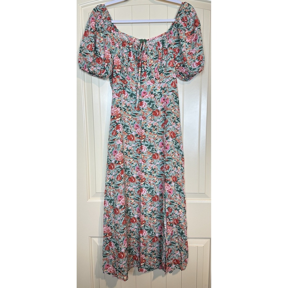 WOMEN'S SHEIN green FLORAL SHORT puff SLEEVE SIDE SLIT MAXI DRESS Sz L couchette
